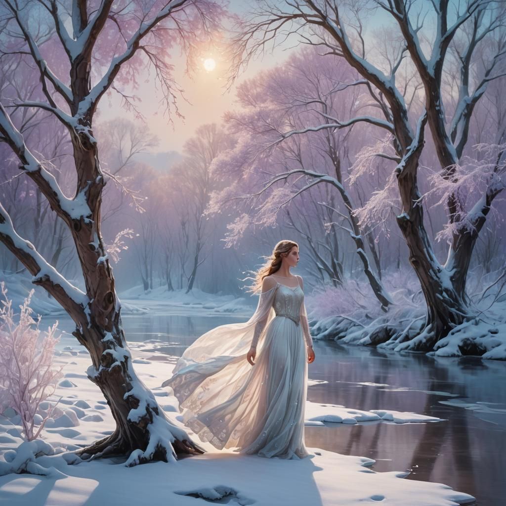 Mystical Winter River Scene in Fantasy Art Style