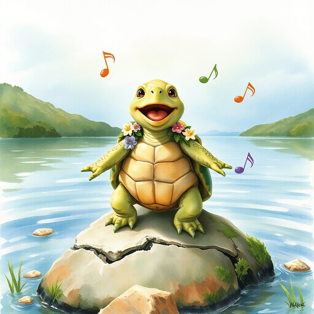 Whimsical Turtle Singing by Lake in Watercolor Style
