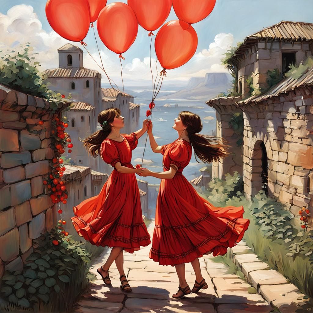 Sisters Playing with Red Balloons in Waterhouse Style