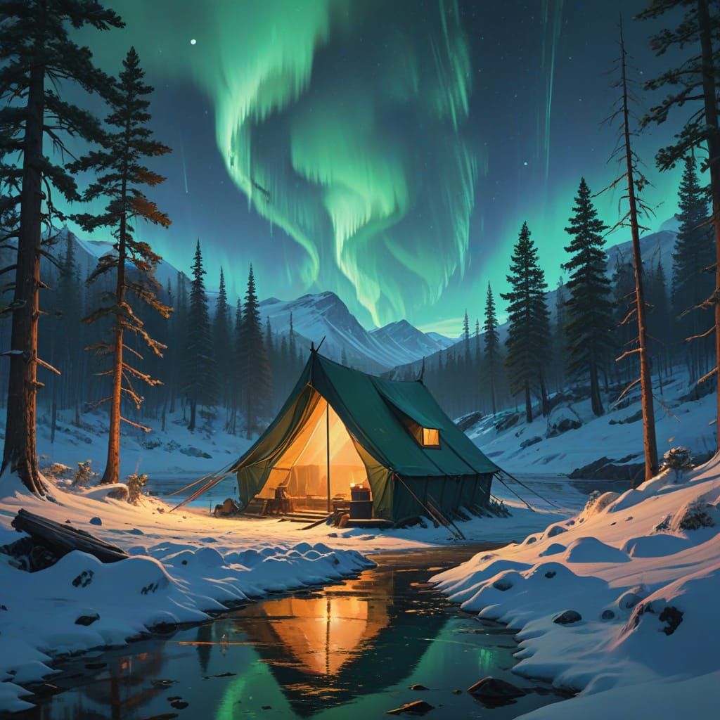 Cozy Winter Camp Illuminated by Northern Lights