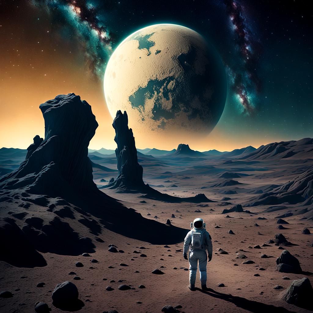 Astronaut Gazing at Starry Sky in Surreal Landscape