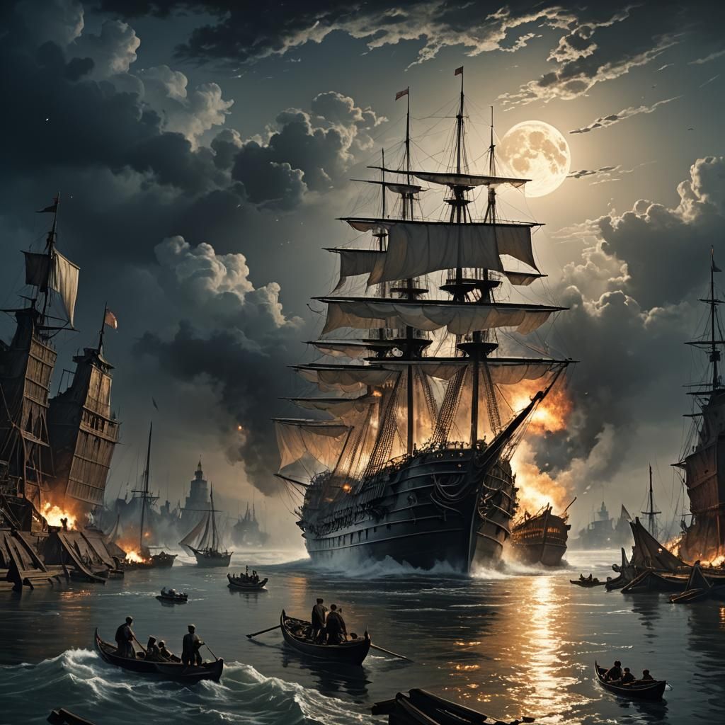 Explosion on Steel Warship at Night