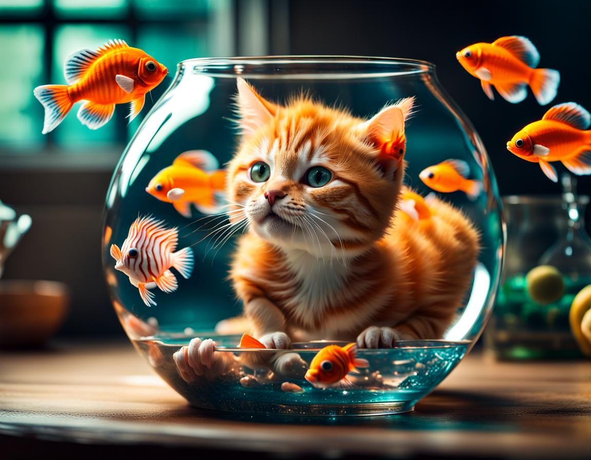 Playful Tabby Kitten with Clownfish: Fantasy Art