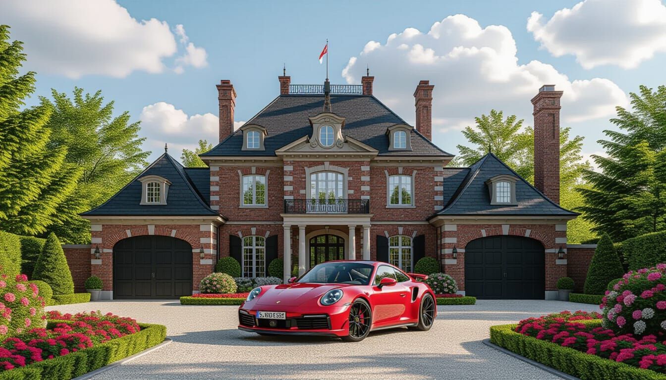 Victorian Chateau with Red Porsche 911 in Golden Hour