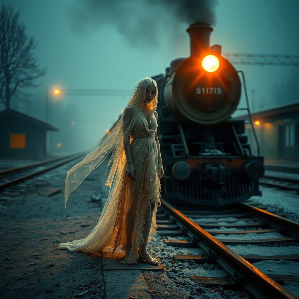 Ethereal Spirit Frozen on Train Tracks in Haunting Atmospher...