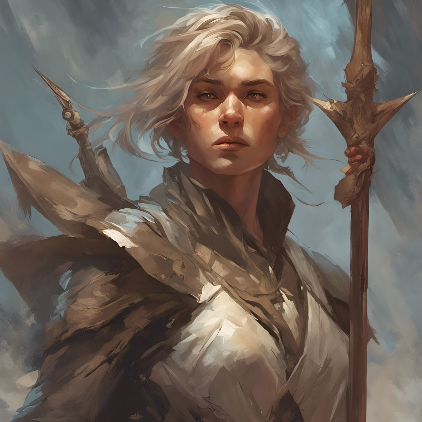 Alluring Androgynous Warrior with Spear, Detailed Portrait