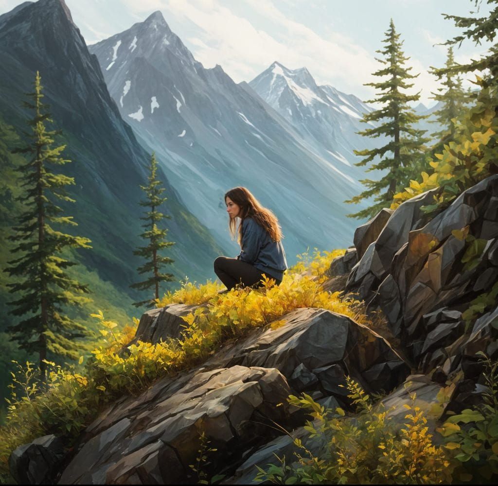 Woman in Alaskan Wilderness Hides Behind Rock