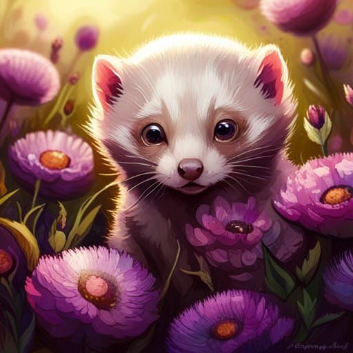 Adorable Ferret in Purple Flowers: Hyperrealistic Art