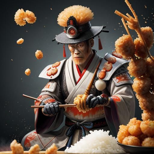 Japanese Samurai eye-balling a ginger sauce sparingly drizzl...