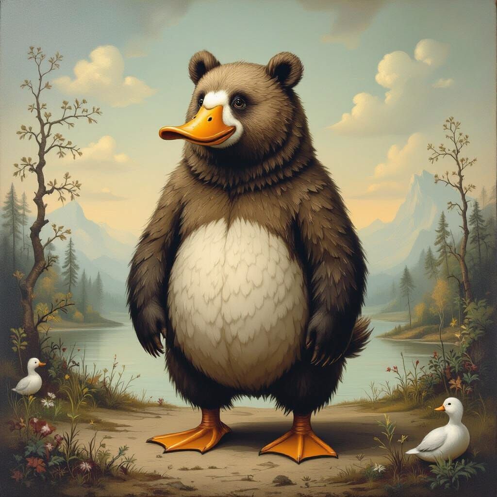 Surreal Bear-Duck Hybrid in Dreamlike Landscape Painting