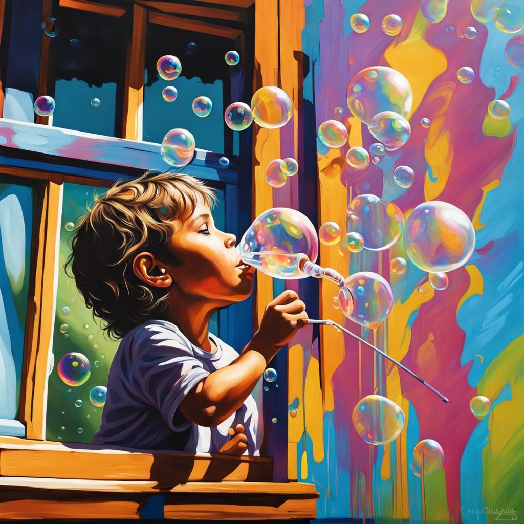 Child Blowing Bubbles in Graffiti Splash Art Style