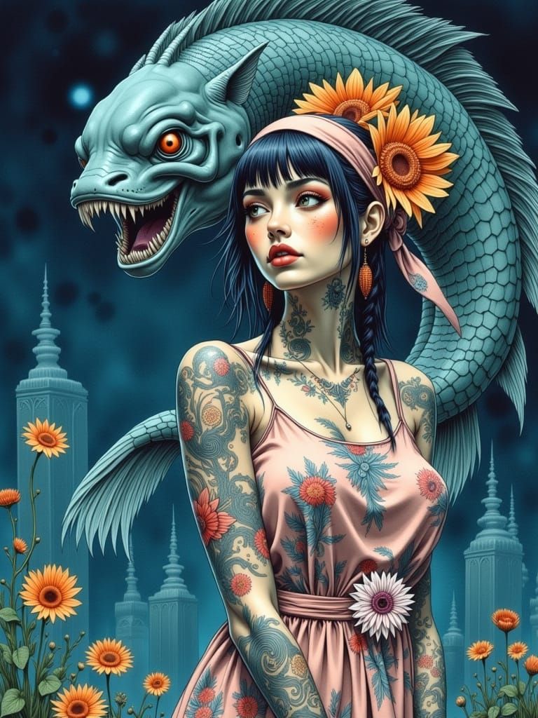 Woman Before Oarfish Statue: Watercolor Pinup