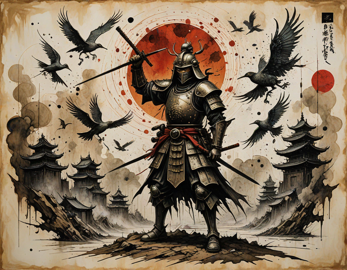 Fierce Samurai Warrior in Whirlwind of Ancient Armor and Sym...