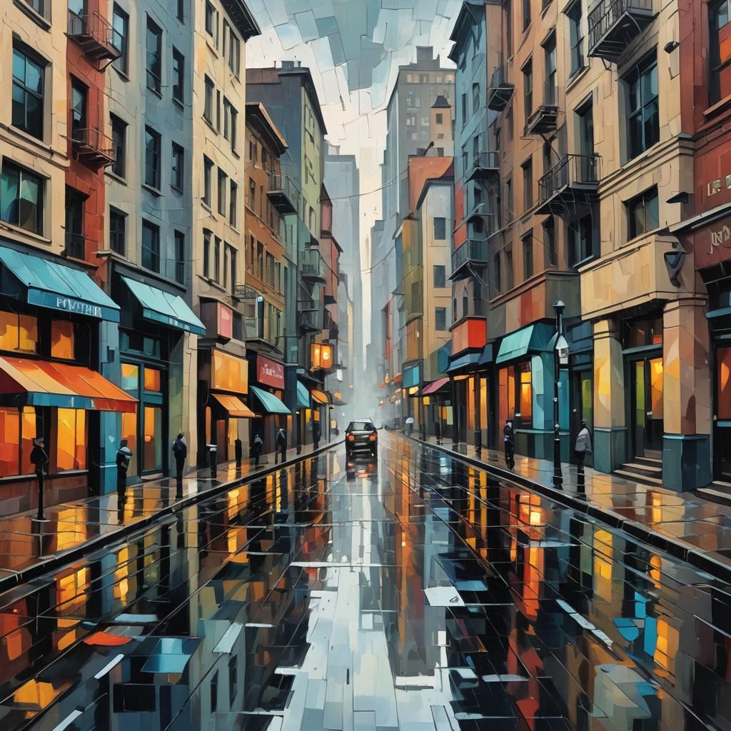Cubist Rainy Cityscape in Geometric Fauvism Style