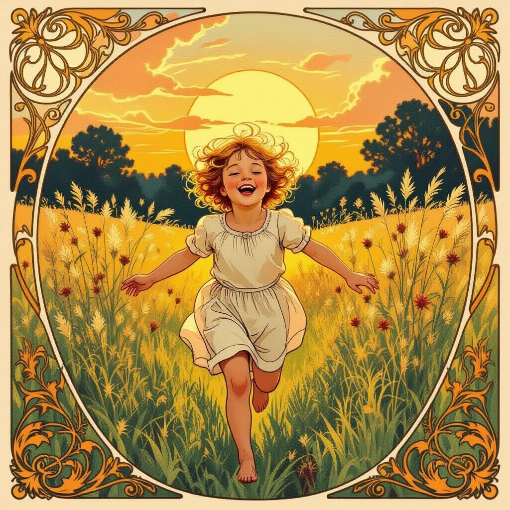 Art Nouveau Child Running Through Sunlit Meadows