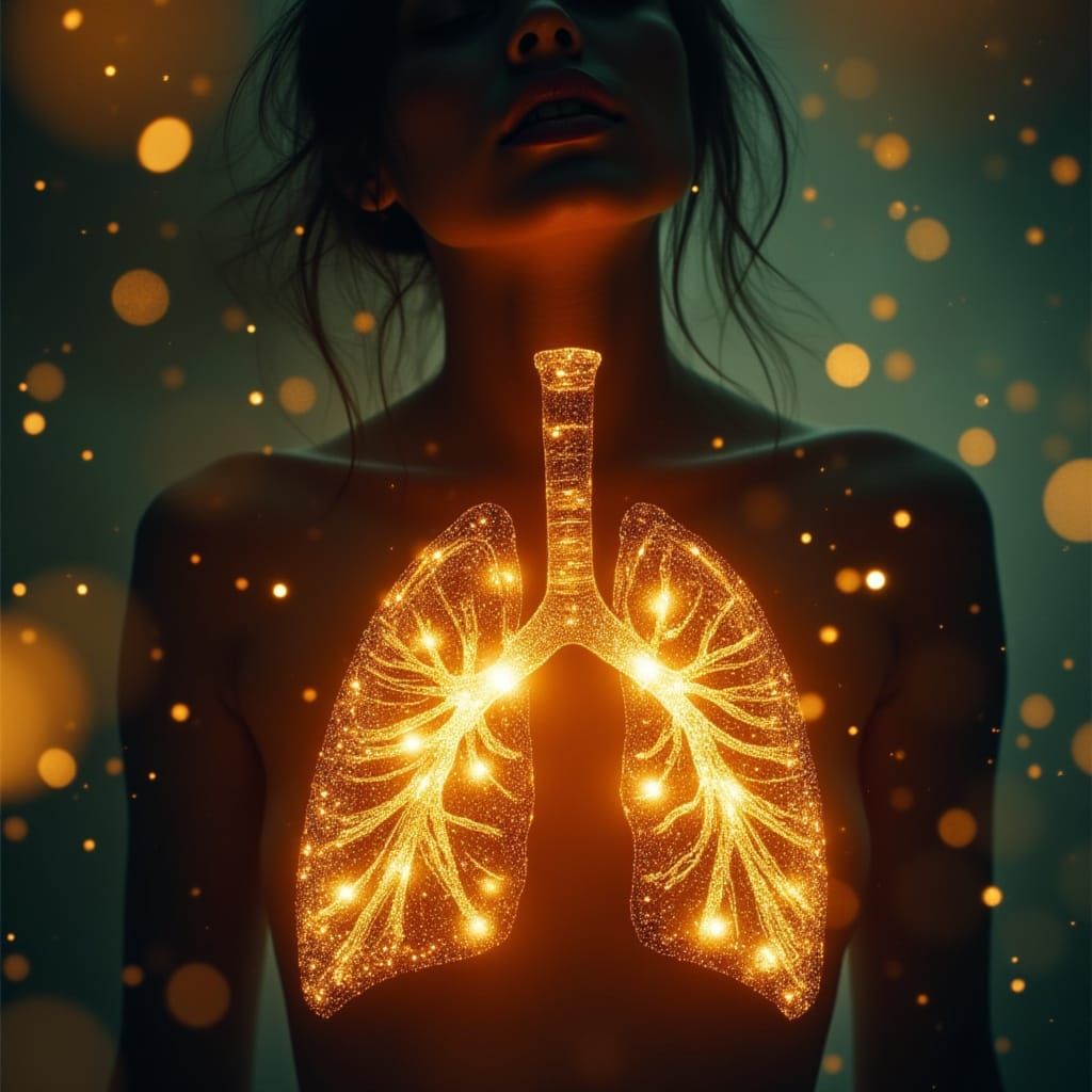 Woman with Glowing Golden Lungs as Bioluminescent Body Art