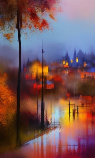 Abstract Autumn Town in Golden Hour, Mixed Media