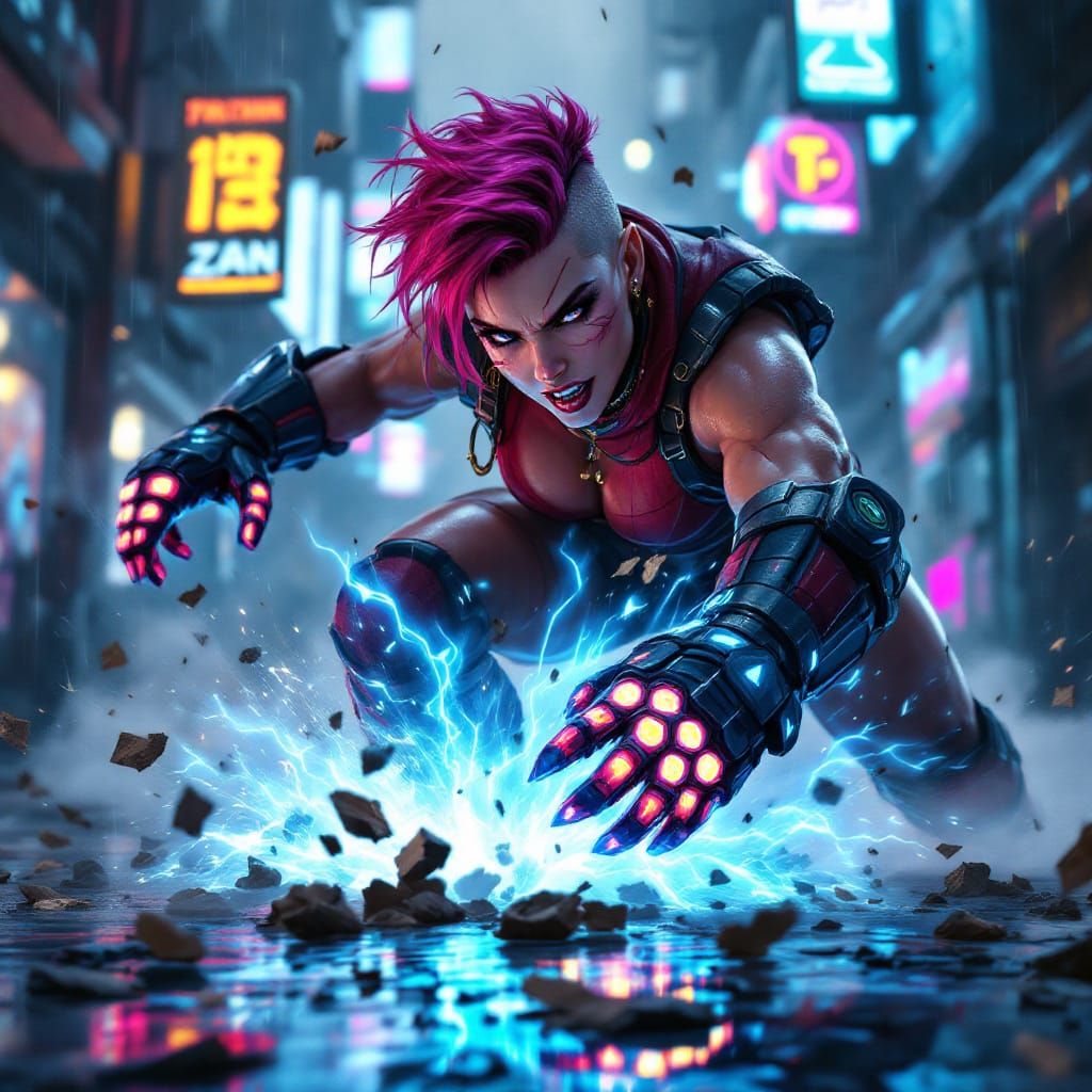 Arcane Style Vi in Cyberpunk Battle Scene