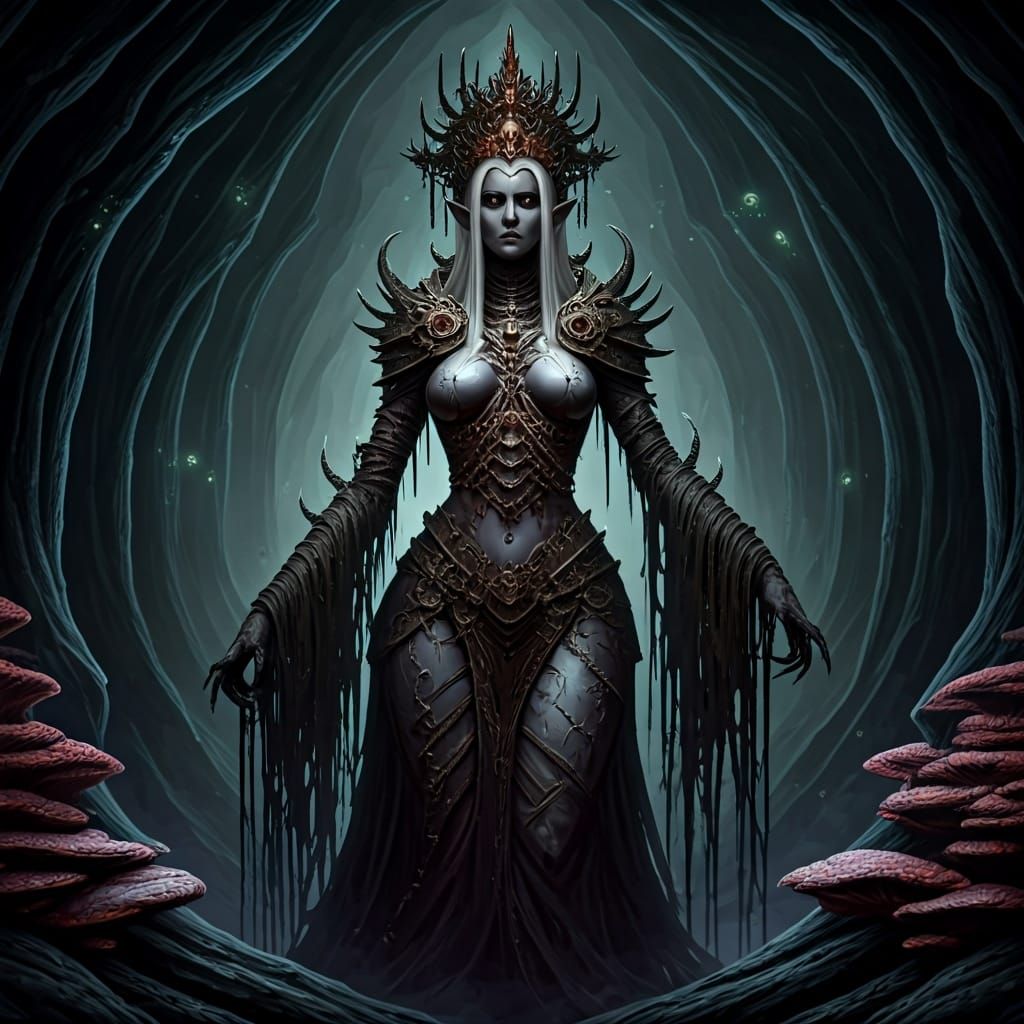 Cursed Drow Matriarch in Biomechanical Horror Style