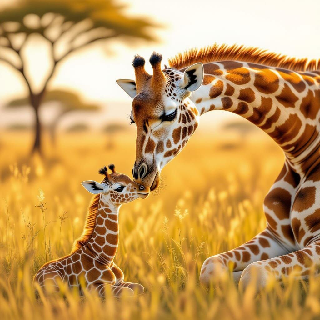 Giraffe Mother and Baby in Earthy Tones