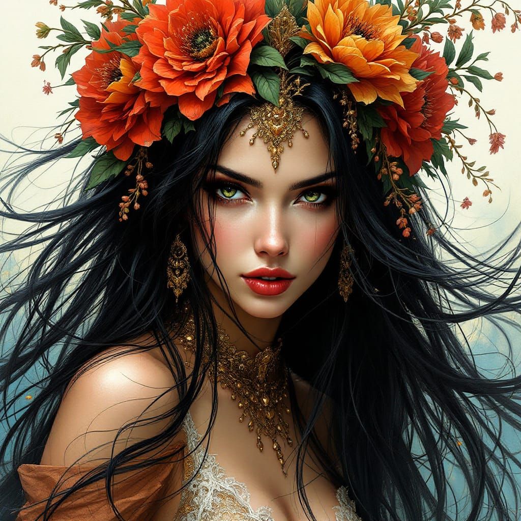 Fantasy Sorceress with Floral Crown in Cinematic Impressioni...