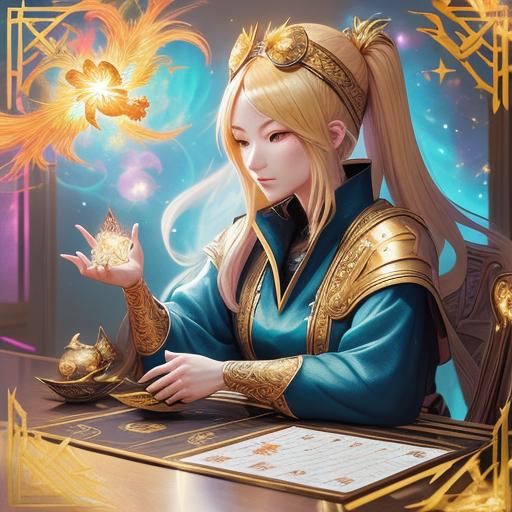 Anime Girl with Phoenix Tarot Cards in Digital Art