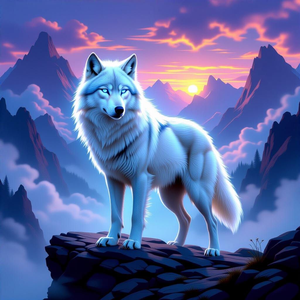 Ethereal White Wolf in Mystical Mountain Mist