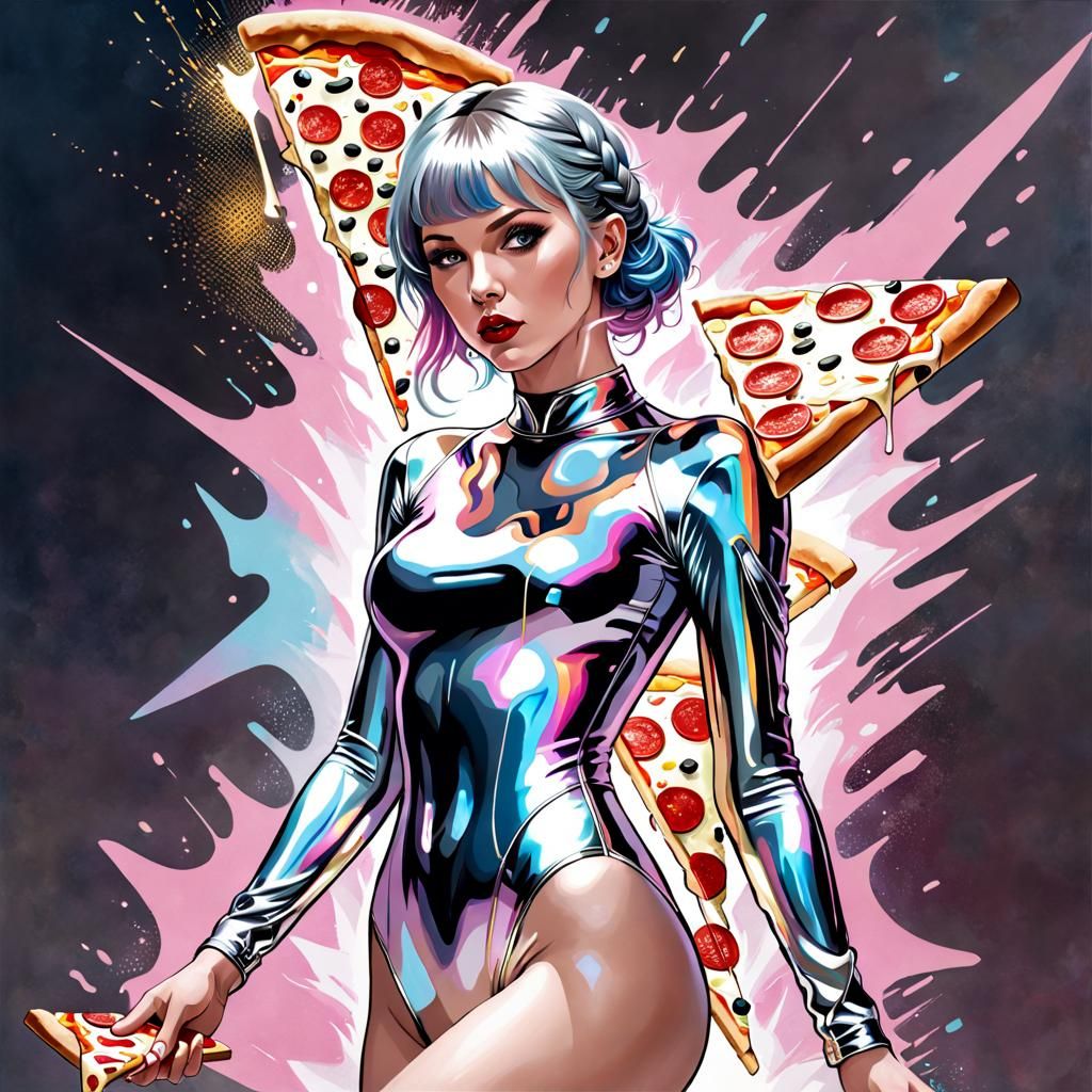 Cyborg Taylor Swift Eating Pizza Slice in Aetherpunk Style