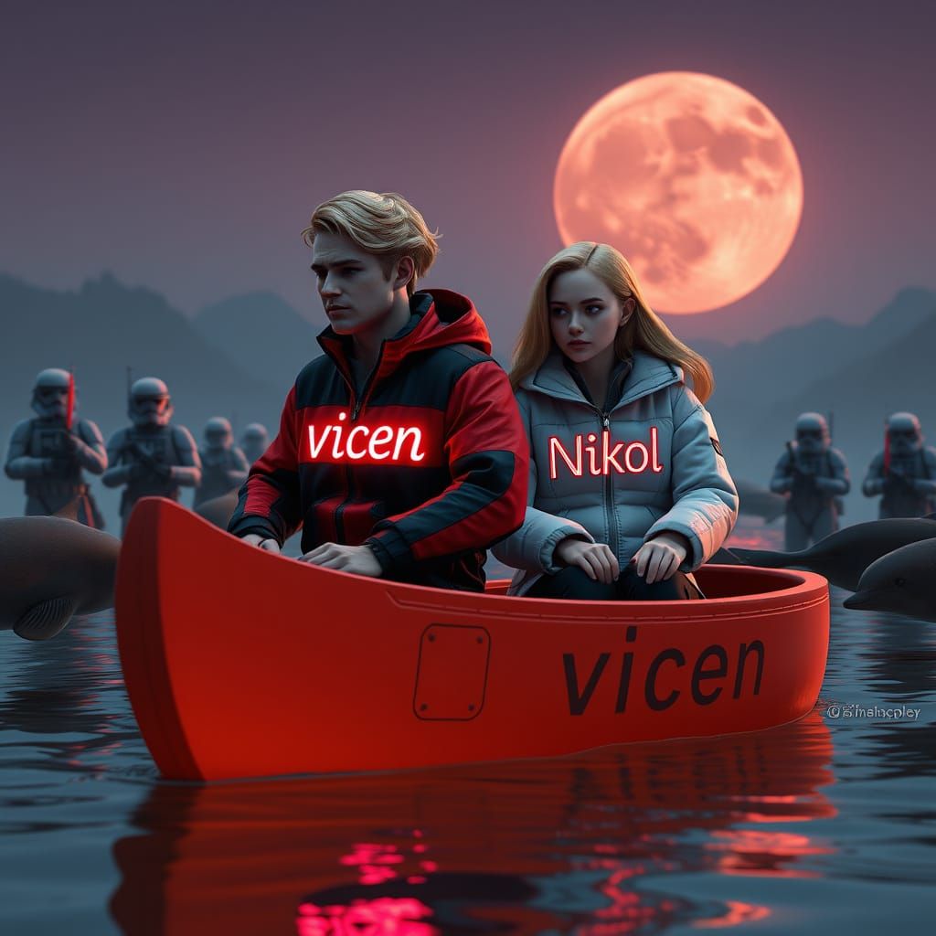 3D Render: Couple in Canoe with Neon Text and Sci-Fi Element...