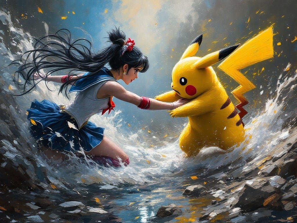 Epic Oil Painting of Sailor Moon and Pikachu in a Dramatic B...