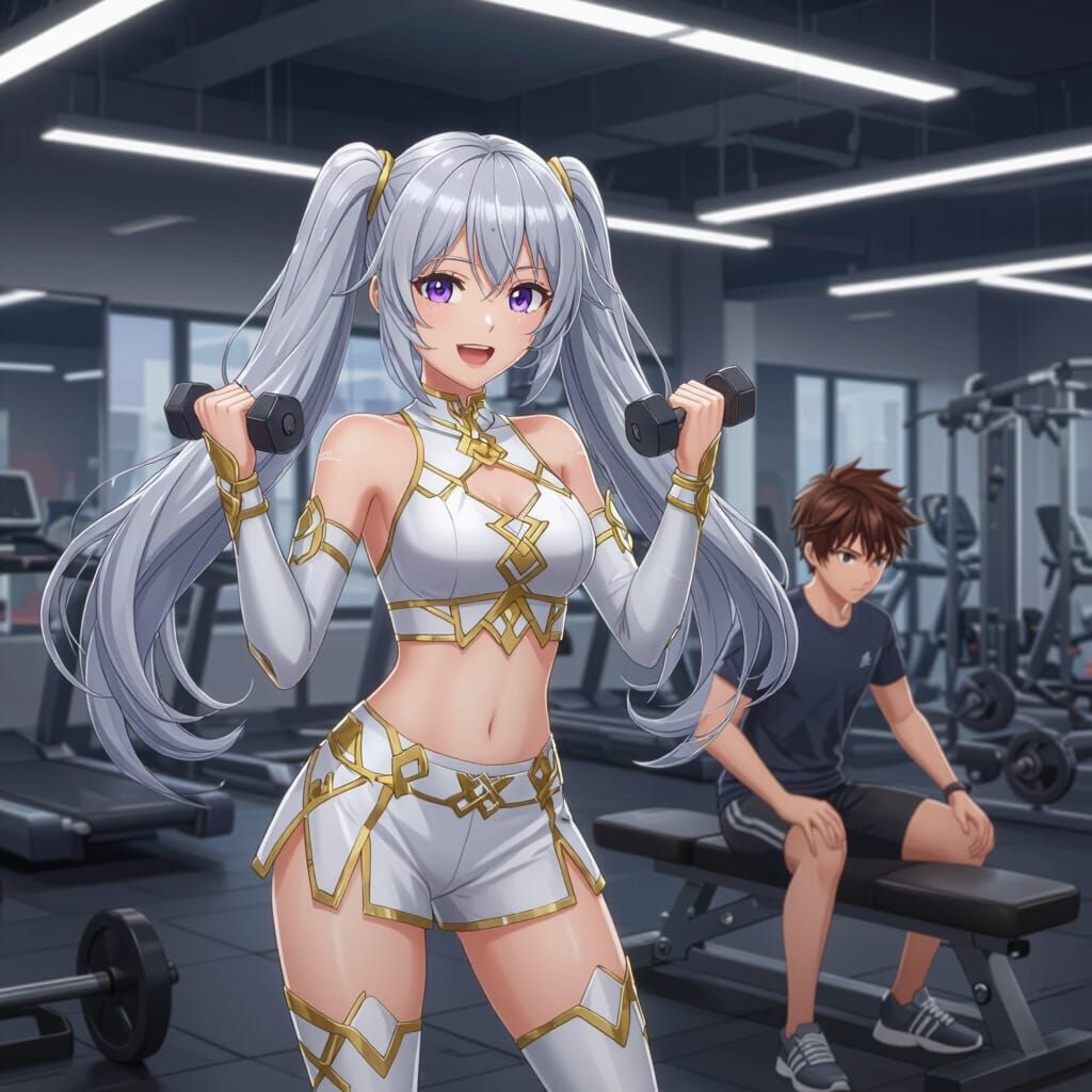 Anime Gym Scene: Cheerful Woman Lifts Weights With Boy