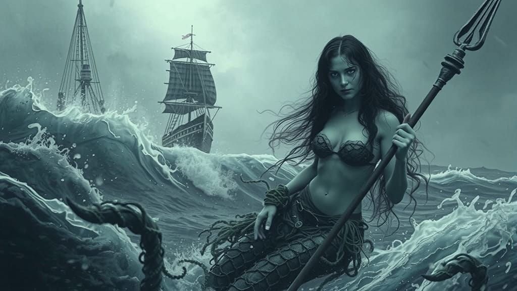 Menacing Mermaid in Raging Sea: Cinematic Film Still