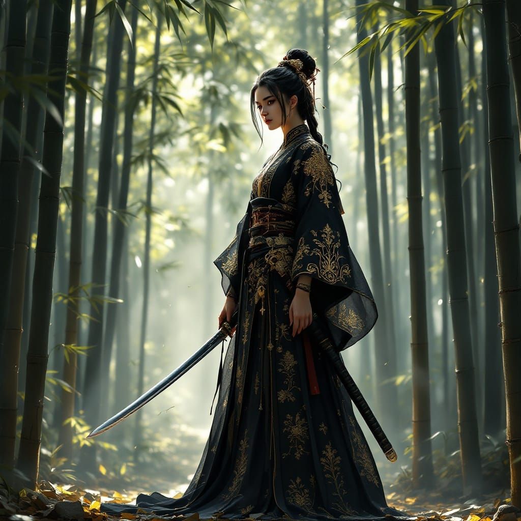 Elegant Female Samurai in Bamboo Forest