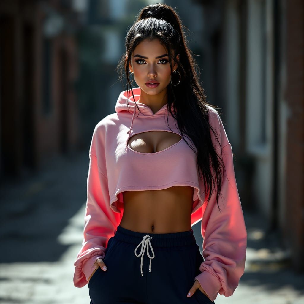 Model Posing on Street in Pink Hoodie and Blue Hot Pants