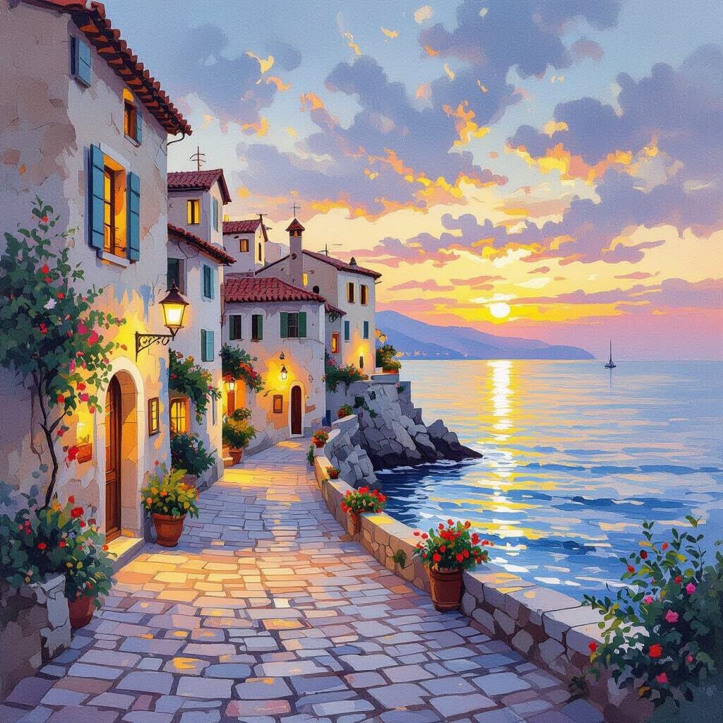 Italian Coastal Village at Dusk, Impressionistic Style
