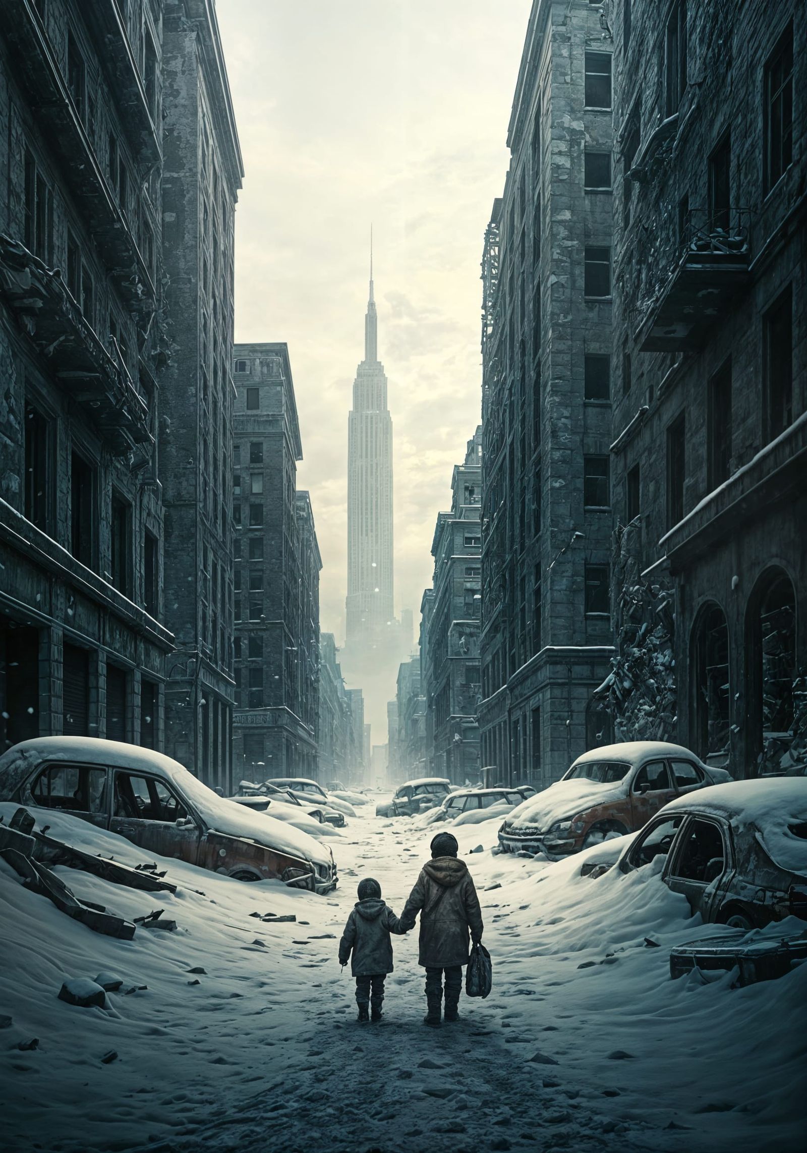 Bleak Winter Cityscape in Post-Apocalyptic Minimalist Digita...
