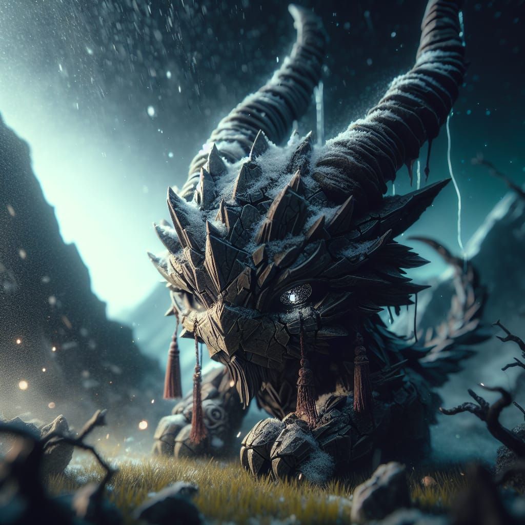 Chibi Dragon Mountain in War, Dark Fantasy Scene