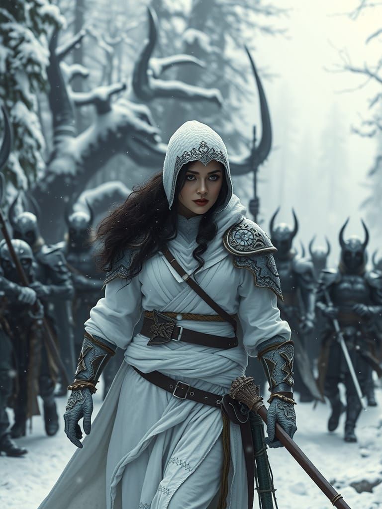 Curvy Warrior Leads Army Through Winter Forest