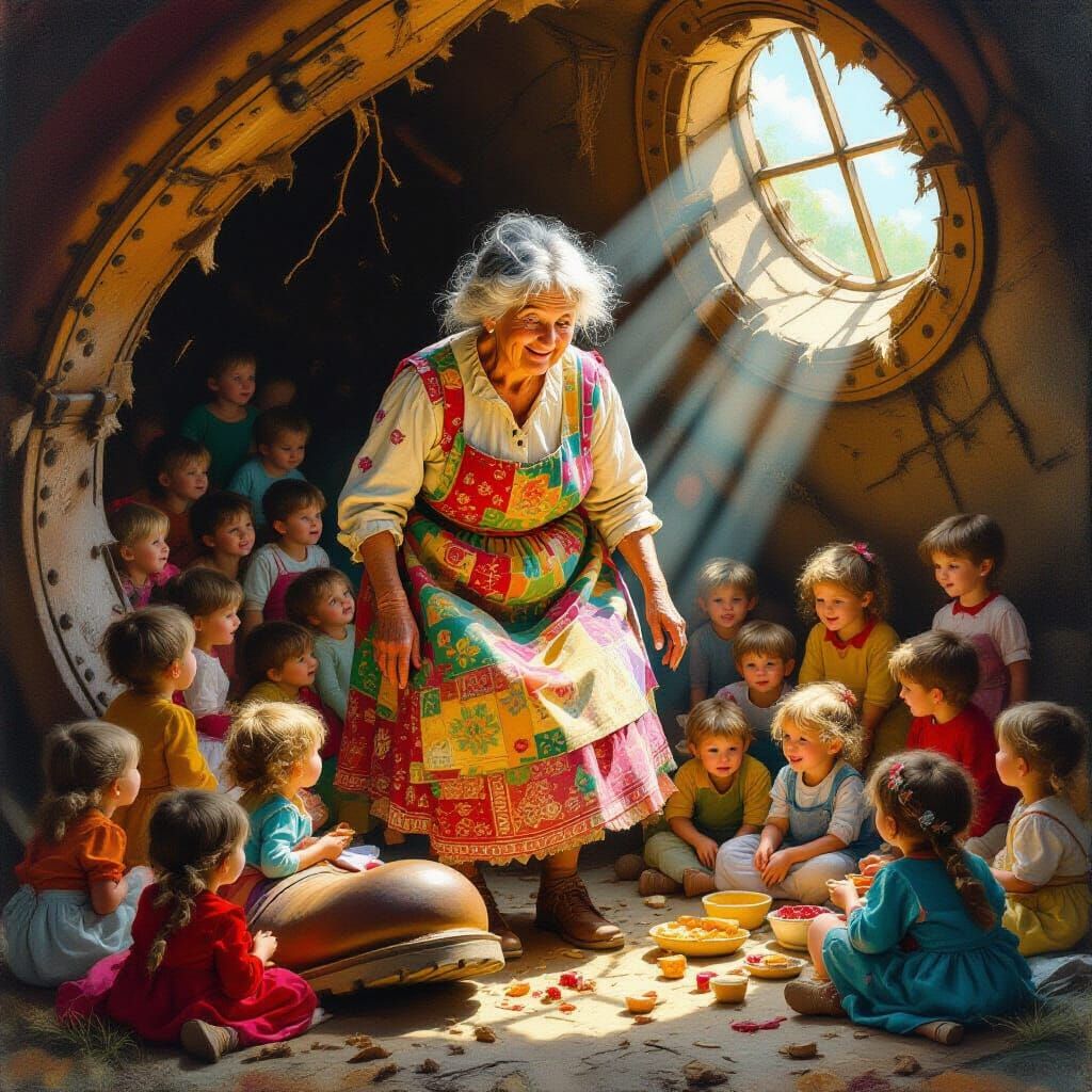Kind Old Woman in Giant Boot with Children
