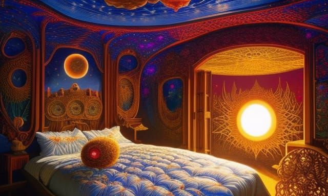Surreal Sun and Moon Bed: Fairytale Digital Art