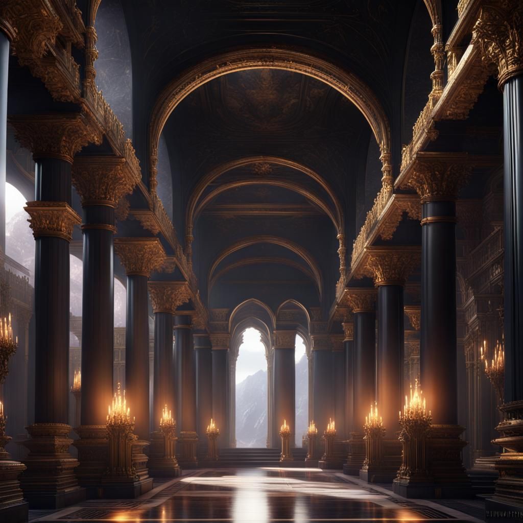 Fantastical Palace of Void-Black Marble in Matte Painting St...