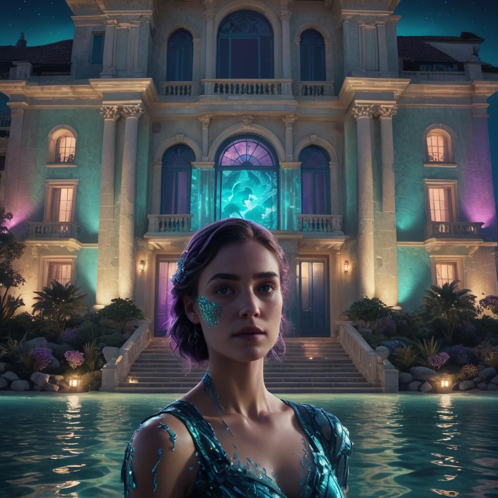 Underwater Ultramodern Villa at Night: Digital Matte Paintin...