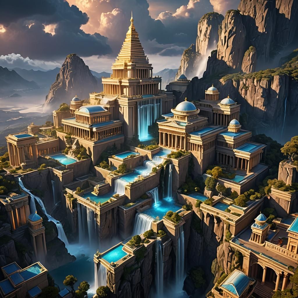 Majestic Cloud Palace with Waterfalls: Fantasy Concept Art