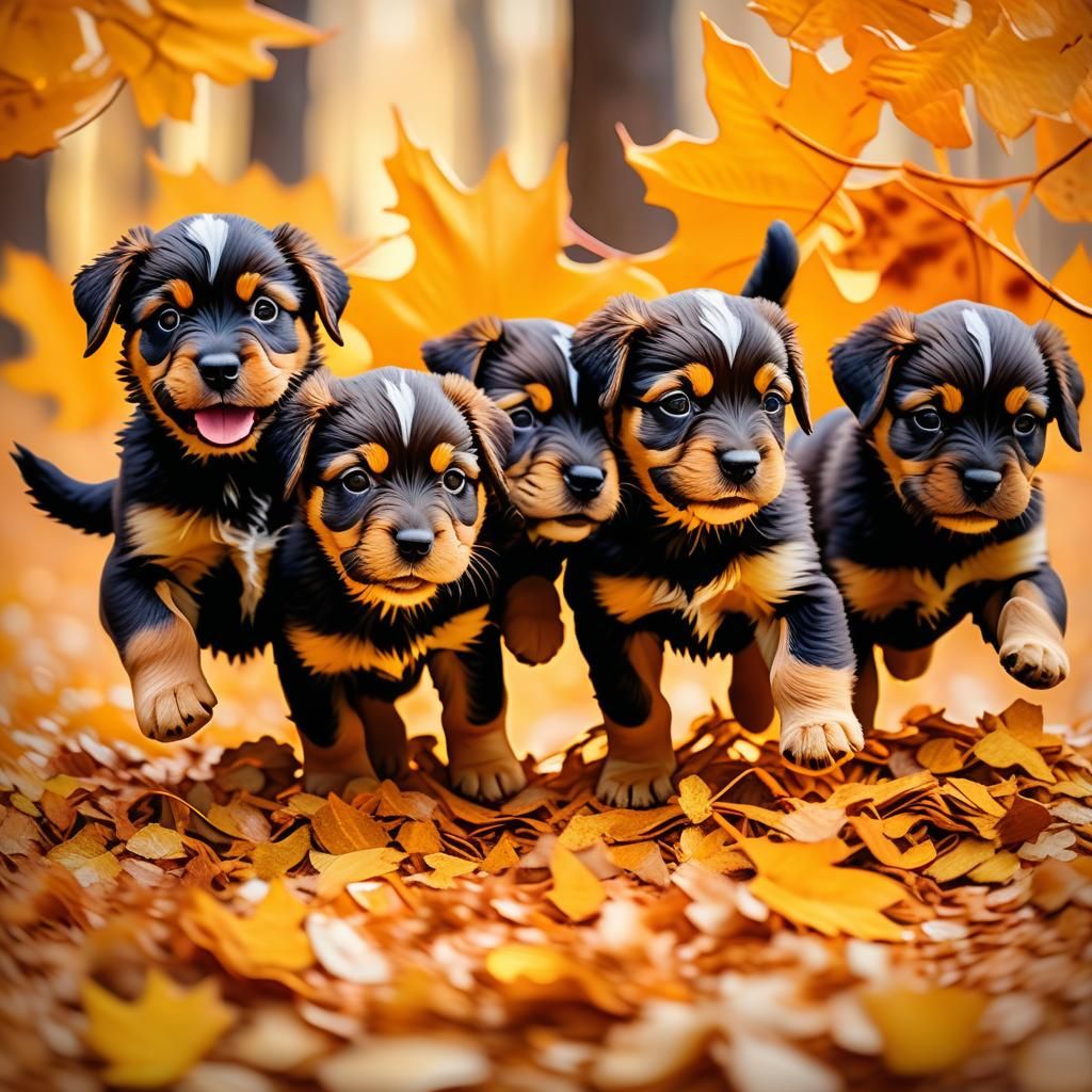 Puppies Playing in Autumn Leaves: Impressionist Oil Painting