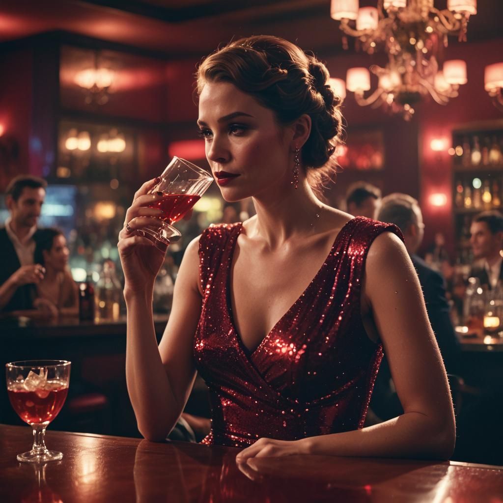 Cinematic Bar Woman in Red Dress Film Still