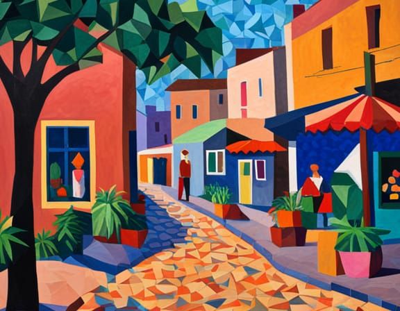 Colorful Geometric Market Scene as Mosaic