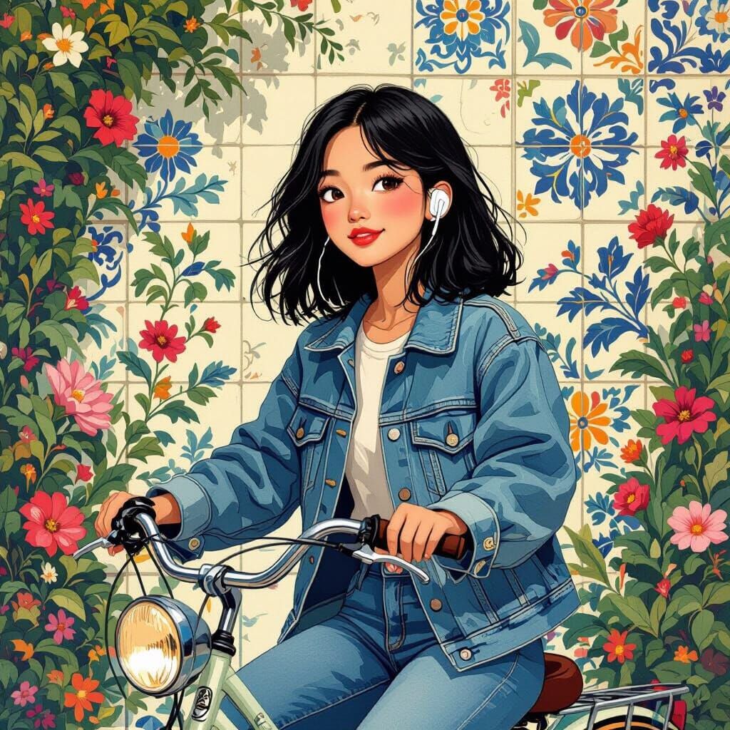Girl on Bicycle in Portugal, Dreamy Whimsical Style