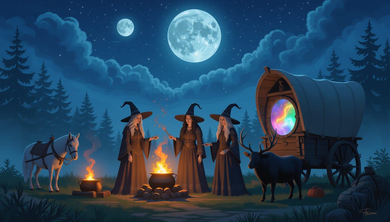 Witches Gather Around Wagon Under Twin Moons