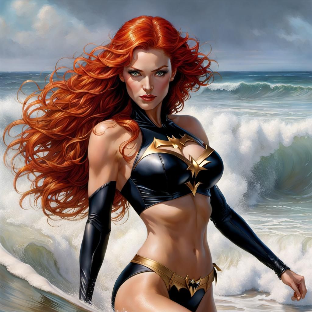 Batgirl Surfer Portrait in Hyperrealistic Style
