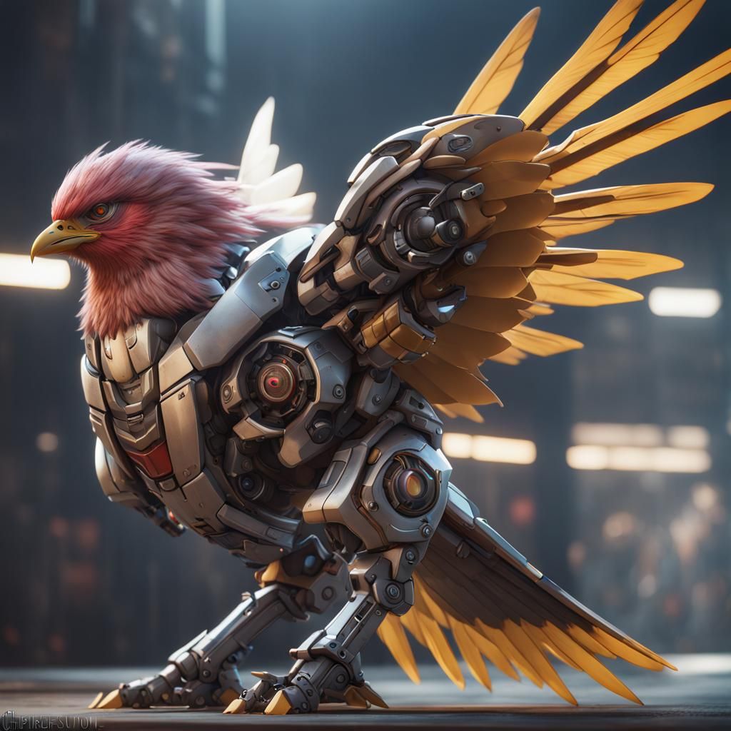 Hyper-Realistic Mecha Pidgeot: Detailed Matte Painting